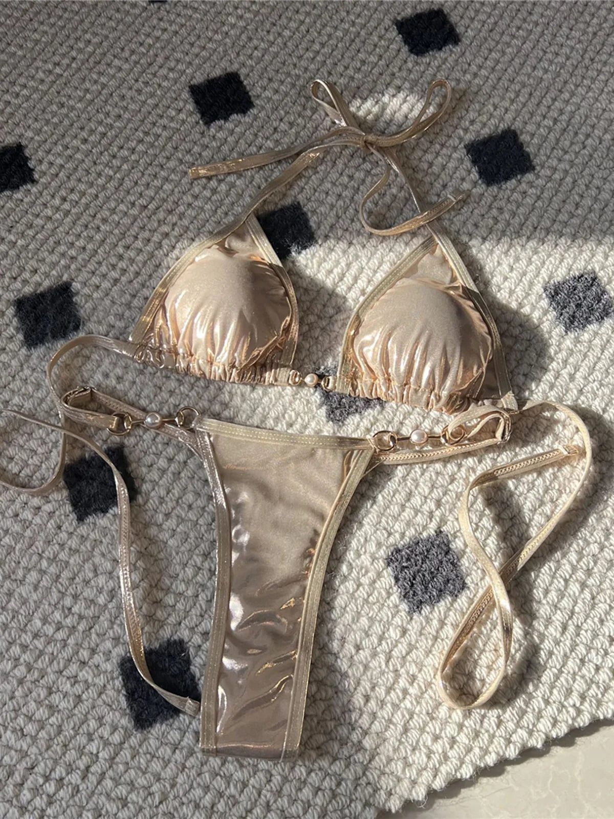 New PU Faux Leather Halter Mini Thong Bikini Female Swimsuit Women Swimwear Two-pieces Bikini set Bather Bathing Suit Swim V5206