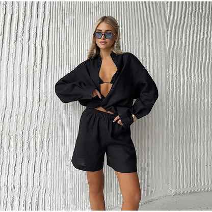 Casual Cotton Linen Pants Suit Women Solid Cozy Lapel Single Breasted Shirt Elastic Waist Wide Leg Pant 2026 Summer Loose Outfit