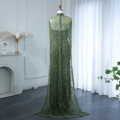 Sharon Said Luxury Pearls Dubai Champagne Evening Dresses with Cape New Arabic Women Mermaid Wedding Party Prom Dress SS369