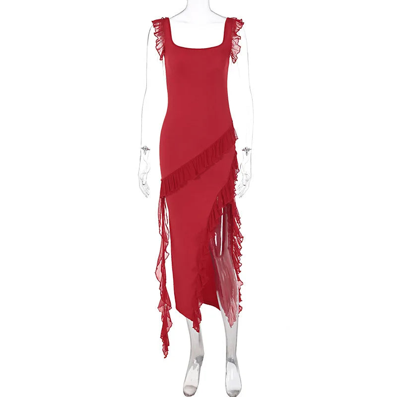 Giyu Sexy Ruffles Summer Dress 2025 Women Clothing Elegant Holiday Club Evening Party Dresses Slash Neck Split Bodycon Long Robe