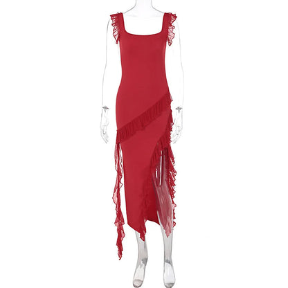 Giyu Sexy Ruffles Summer Dress 2025 Women Clothing Elegant Holiday Club Evening Party Dresses Slash Neck Split Bodycon Long Robe