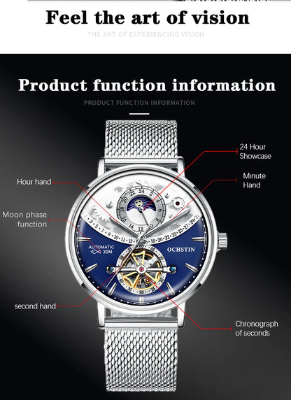 OCHSTIN Men's Stainless Steel Mesh Bracelet Watches Man High-Grade Cooktop Glass Skeleton Mechanical Flying Tourbillon Watch