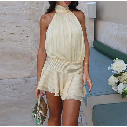 Sexy Halter Ruffles Mini Dress Women Lace Up Sleeveless Backless Beach Party Dresses 2026 Summer Fashion Vacation Lady Robe