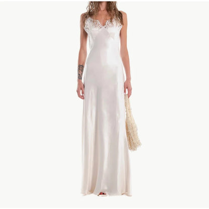 Lace Patchwork Sling Maxi Dress Women Sexy Solid V-neck Sleeveless Backless Satin Slim Long Gown Lady Chic Evening Party Dresses