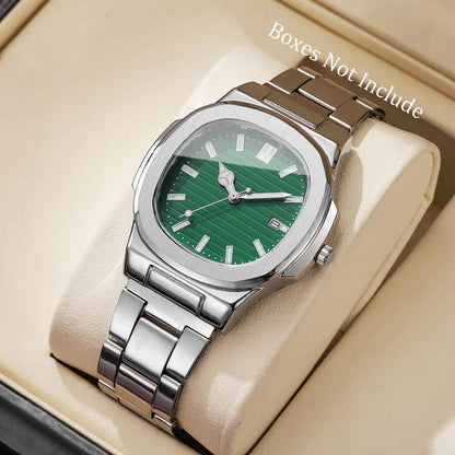 Luxury Men Business Watches Fashion Square Dial Stainless Steel Strap Quartz Watch with Calendar For Mens Clock（Without Box）