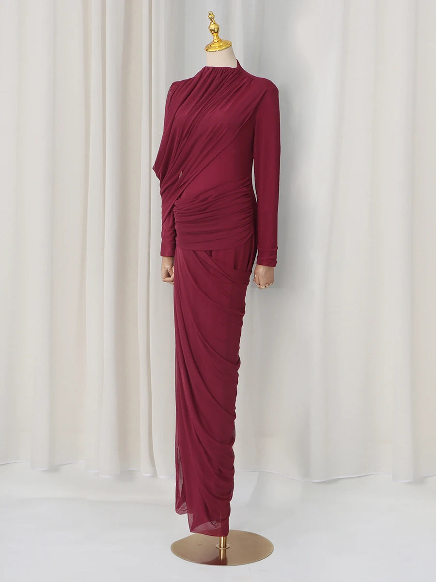 VGH Elegant Vintage Spliced Ribbon Dresses for Women Turtleneck Long Sleeve Irregular Folds Evening Luxurious Maxi Dress Female