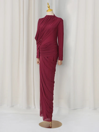 VGH Elegant Vintage Spliced Ribbon Dresses for Women Turtleneck Long Sleeve Irregular Folds Evening Luxurious Maxi Dress Female