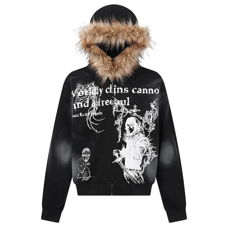 Fur collar cardigan zipper hooded jacket autumn and winter punk hip-hop rock dark style rock fashion all-match Y2K retro jacket