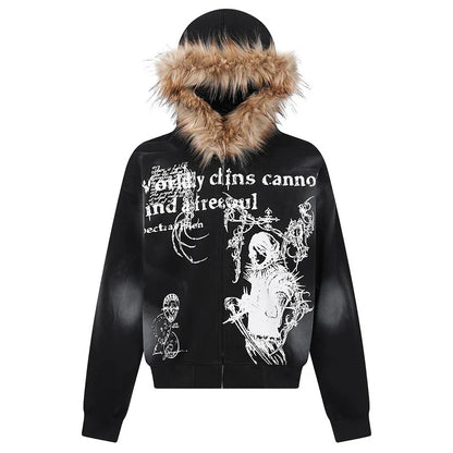 Fur collar cardigan zipper hooded jacket autumn and winter punk hip-hop rock dark style rock fashion all-match Y2K retro jacket