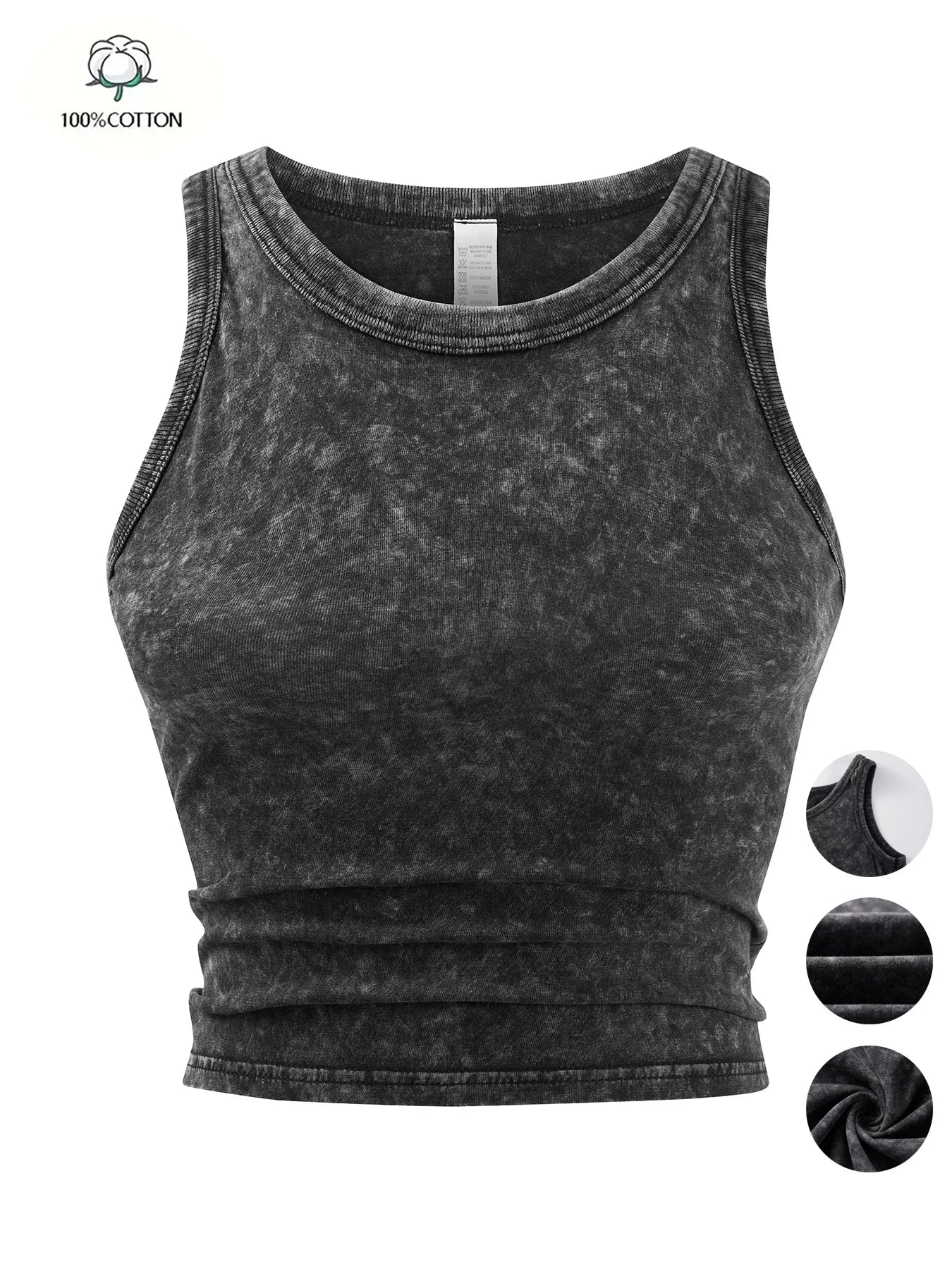 Y2k Cotton Solid Tank Tops For Womens Summer Sexy Sleeveless O-Neck Tight Washed Crop Tees Casual All-math Basic Streetwear