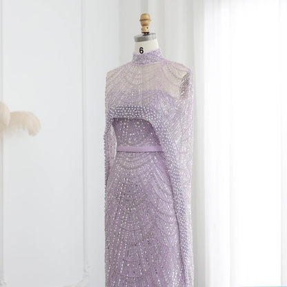 Sharon Said Luxury Pearls Dubai Champagne Evening Dresses with Cape New Arabic Women Mermaid Wedding Party Prom Dress SS369