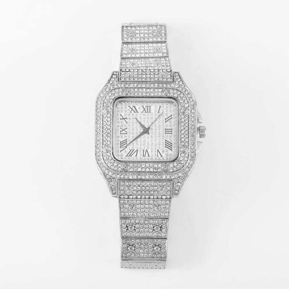 Luxury Moissanite Iced Out Watches Hip Hop Bust Down Unisex Diamond Watch, Stainless Steel Moissanite Studded Wrist Watch