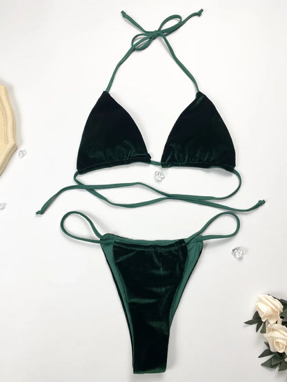Sexy Velvet Swimsuit for Women, Micro Bikini Set, Thong Swim Suit, 2 Piece Bathing Suit for Ladies, Green String Bikini, 2022