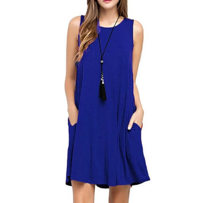 Women Dress Summer Casual Sleeveless T Shirt Dresses Beach Cover Up Plain Pleated Tank Pockets Dress Vacation Style