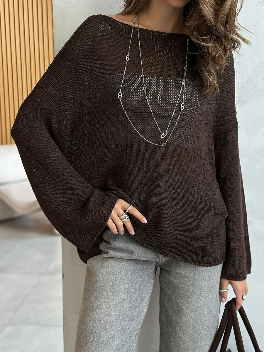 Bornladies Simple Solid Color Long Sleeved Sweater Women's Spring Knitted Hollow Top Loose Versatile Casual Sweater Pullovers