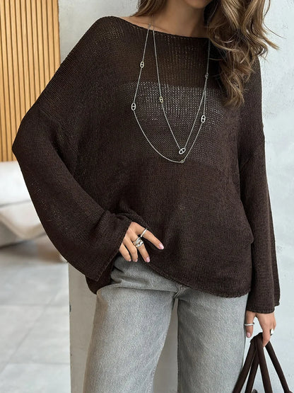 Bornladies Simple Solid Color Long Sleeved Sweater Women's Spring Knitted Hollow Top Loose Versatile Casual Sweater Pullovers