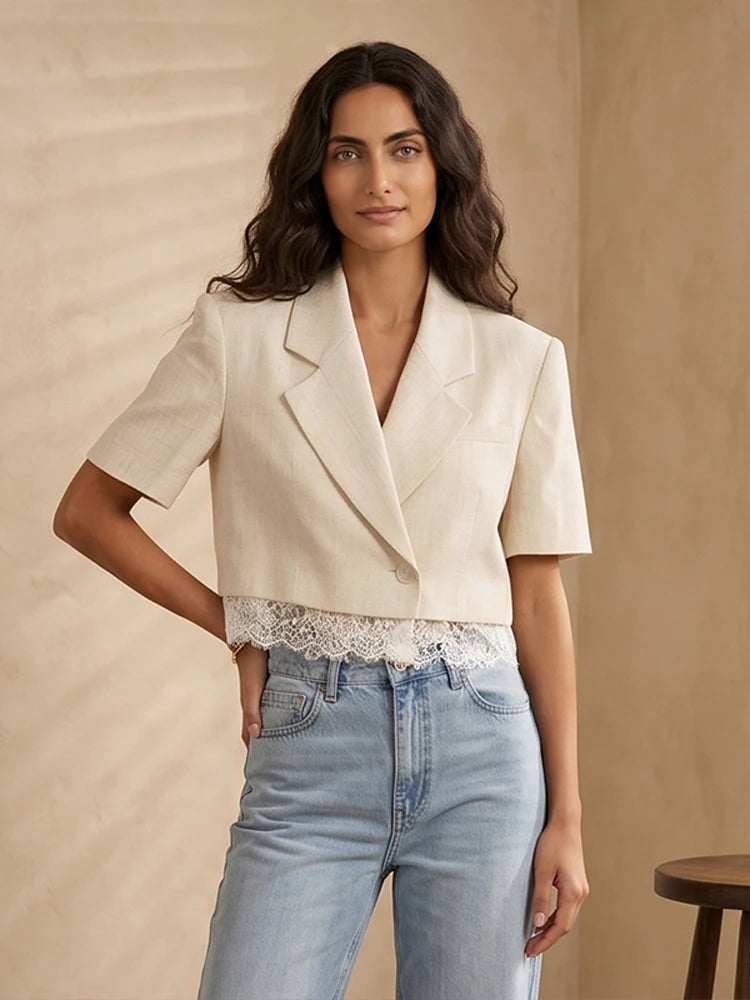 Solid Lapel Lace Patchwork Half Sleeve Shorts Set Women Chic Single Breasted Tops Pockets Pants Suits 2026 Daily Street Outfits