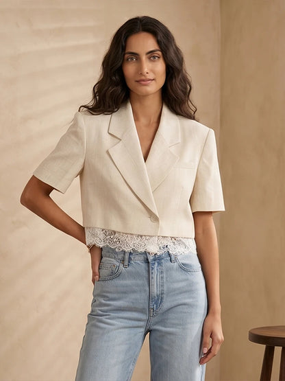 Solid Lapel Lace Patchwork Half Sleeve Shorts Set Women Chic Single Breasted Tops Pockets Pants Suits 2026 Daily Street Outfits