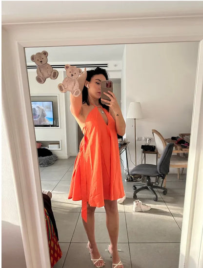 Women Summer Dress Solid Color Sling Spot Europe Sexy Deep V-neck Halter Loose A-line Woman Mini Dresses Vestidos MBR7108
