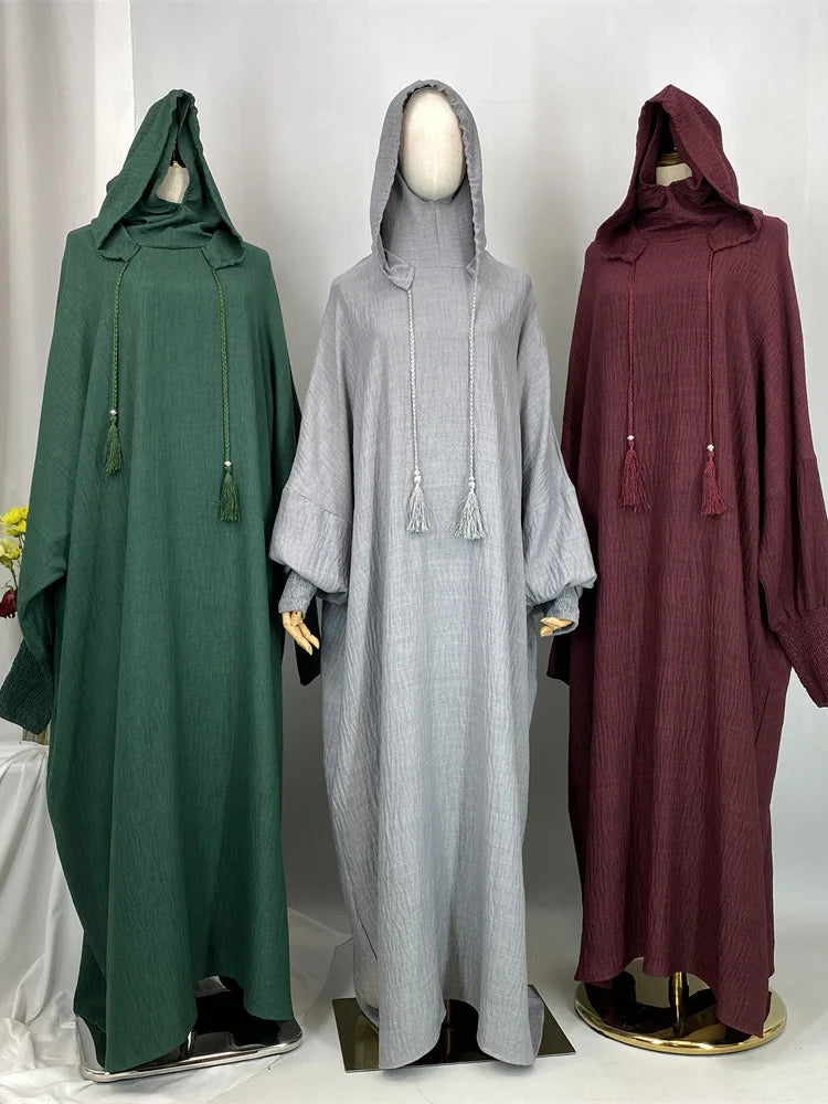 Hot Seller Ramadan Islamic Clothing Wrinkle Polyester Hoodie Abaya Dress With Undercap Muslim Women Abaya Hoodie Causal Dresses