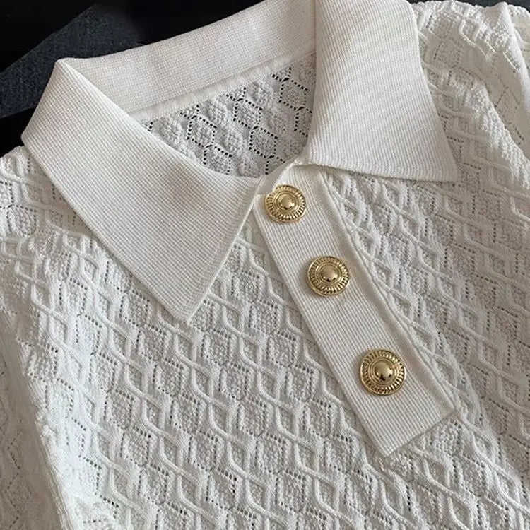 French High end Ice Silk Polo Shirt Women Summer Chic Thin Unique Jacquard Knitted Short Sleeve Loose White T-shirt Women Top