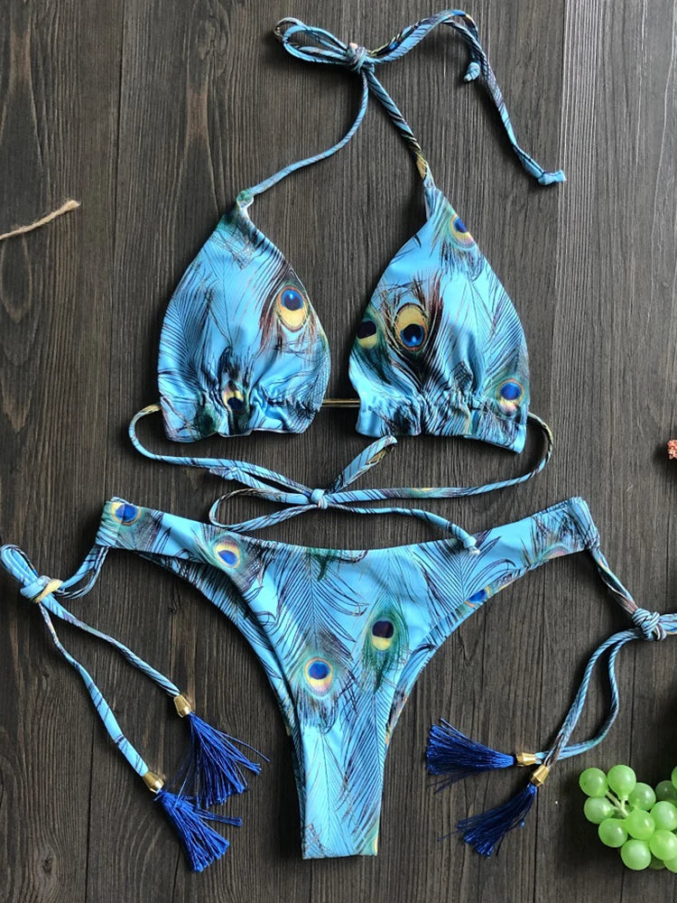 RUOTONGSEPT Sexy Micro Bikinis Set 2022 New Swimsuit Women Feather Print Bandage Swimwear Female Bathing Suit Brazilian Biquinis