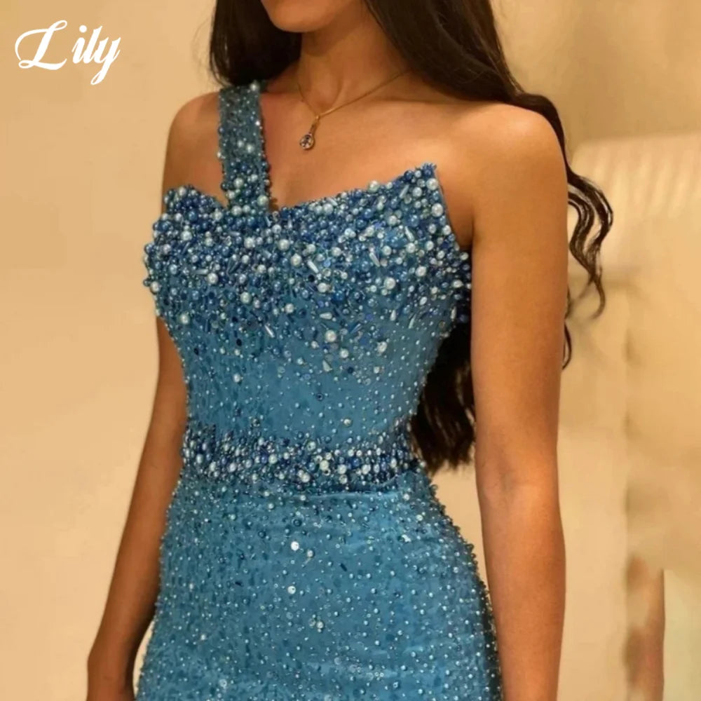 Lily Blue Gorgeous Rhinestones Prom Dresses One Shoulder Sleeveless Evening Dress Pearls Sequins Mermaid Party Gowns Customized