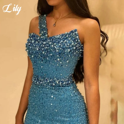 Lily Blue Gorgeous Rhinestones Prom Dresses One Shoulder Sleeveless Evening Dress Pearls Sequins Mermaid Party Gowns Customized