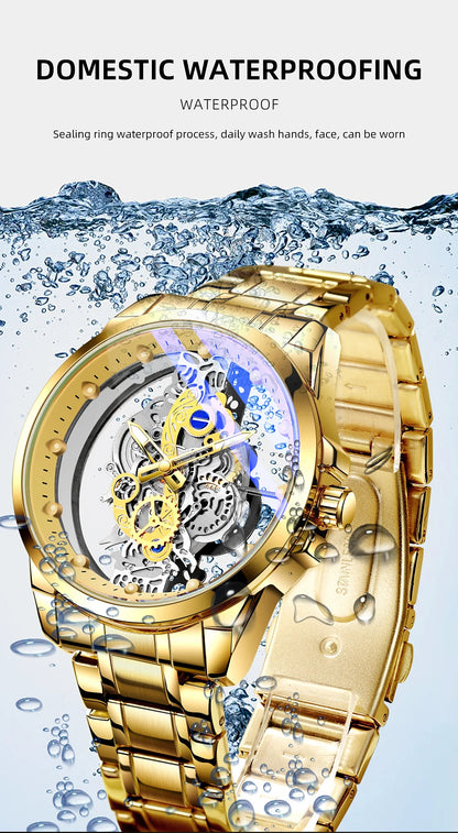 Hot Trendy Fashion Wholesale Men Golden Skeleton Automatic Quartz Wrist Watches Luxury