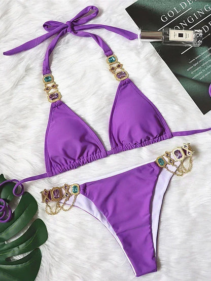 2026 Shiny Rhinestone Diamond Bikini Women Swimsuit Female Swimwear Two Pieces Bikini Set Halter Metal Chains Bathing Suit Swim