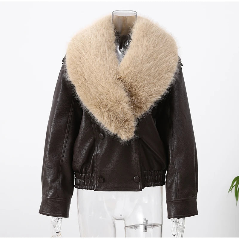 Brown Faux Fur Collar Leather Jacket Women Oversize Design Long Sleeve Coat 2025 Fashion Luxurious Versatile Bomber Outerwear