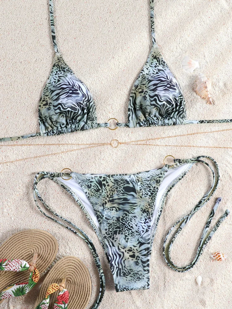 ZRTAK Micro Thongs Swimsuit Women Sexy Bikinis Bathing Suit Rings Biquini Bandage Beachwear Print Swimwear Sexy Bikini Sets