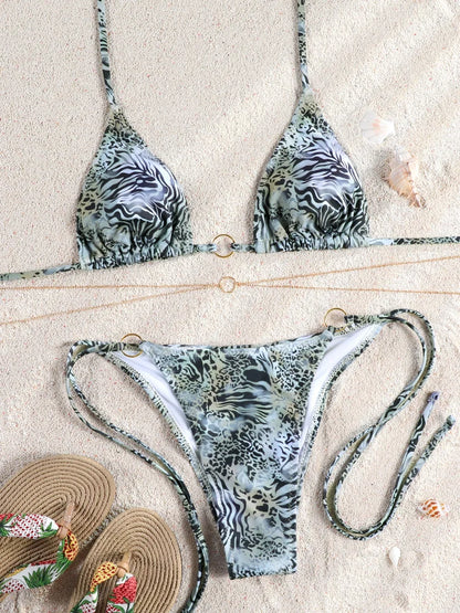 ZRTAK Micro Thongs Swimsuit Women Sexy Bikinis Bathing Suit Rings Biquini Bandage Beachwear Print Swimwear Sexy Bikini Sets