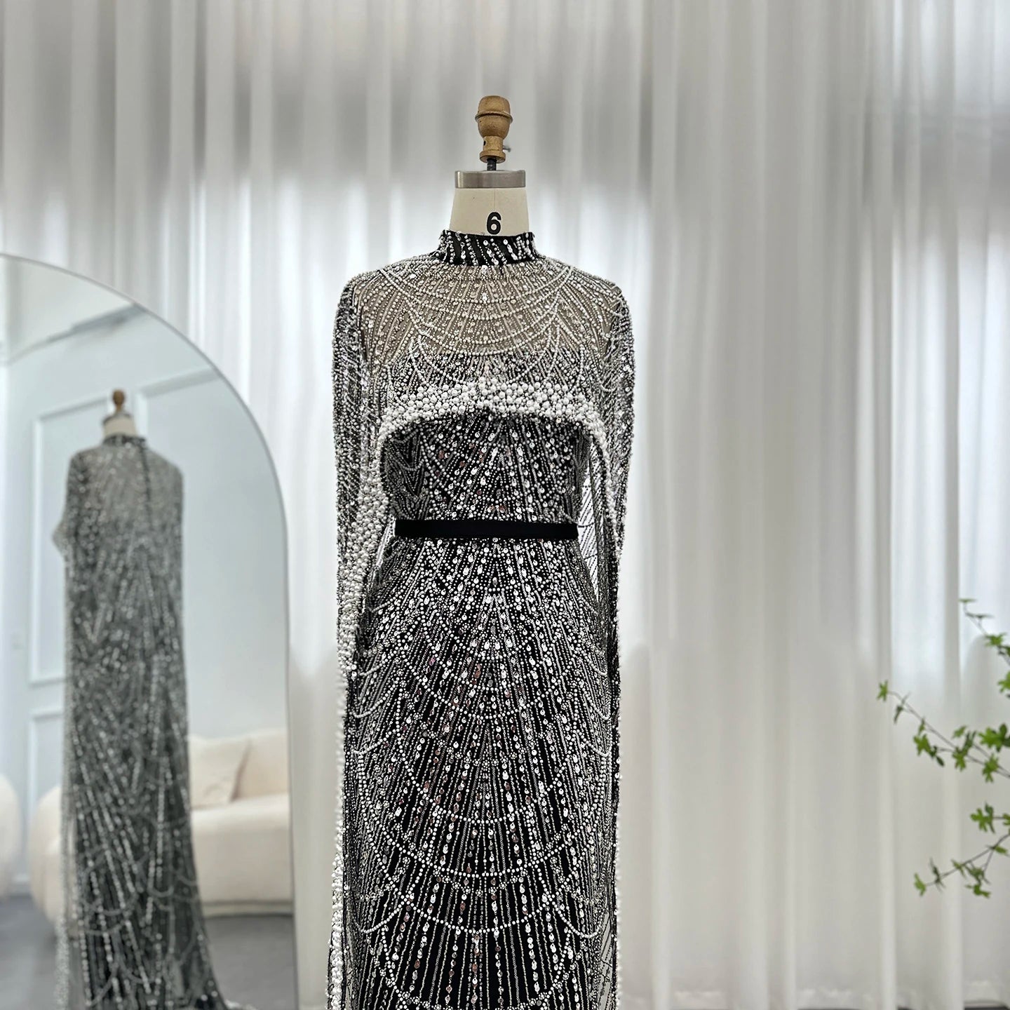 Sharon Said Luxury Pearls Dubai Champagne Evening Dresses with Cape New Arabic Women Mermaid Wedding Party Prom Dress SS369