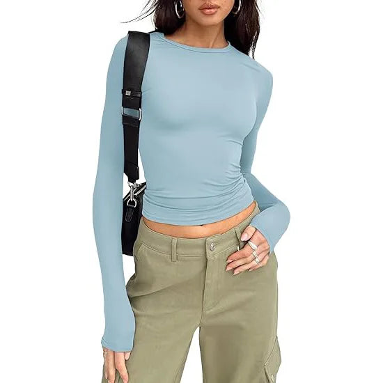 1pcs Four Seasons Fashion Senior Women T-shirt Long Sleeve Crew Neck Solid Slim Fit Tee Ladies Crop Top  Daily Streetwear Camis