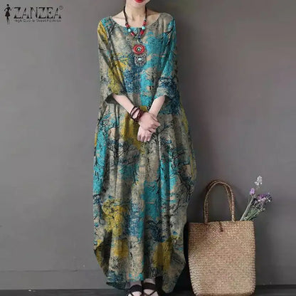 ZANZEA Bohemian Vintage Robe Women Maxi Long Dress Elegant Floral Printed Sundress Causal Loose Cotton Vestidos Autumn Dresses
