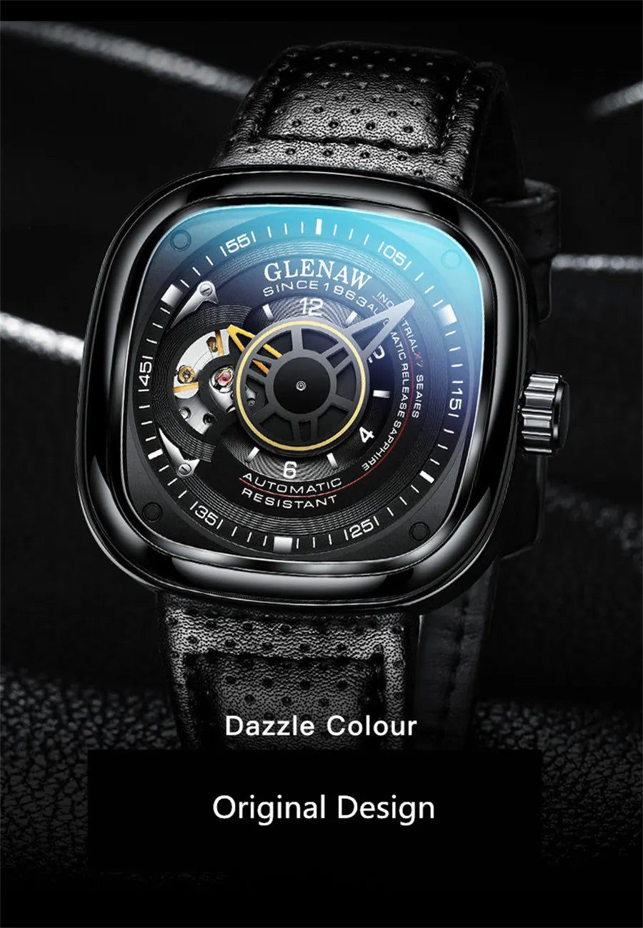 GLENAW Mechanical Watch for Men Breathable Leatherstainless Steel Automatic Skeleton Mens Watches Top Brand Luxury Reloj Hombre