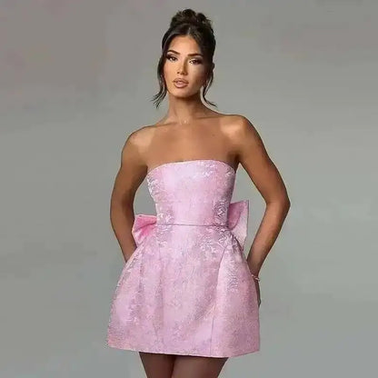 Townlike Jacquard Waist Wrap A-line Dress Women Mini 2024 Spring Summer Dress Elegant Bow Backless Sexy Party Dresses
