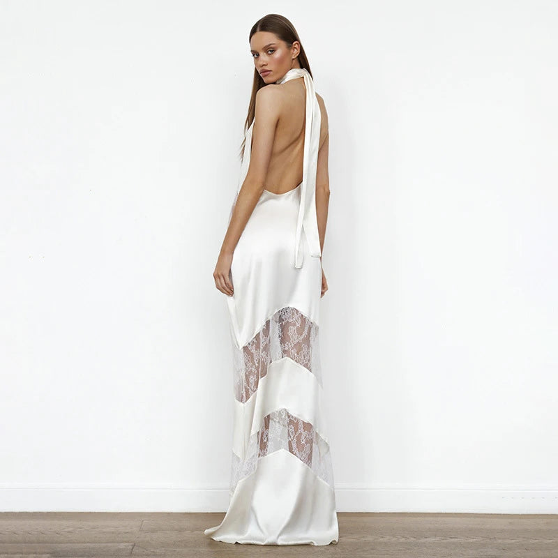Elegant Lace Spliced Halter Long Dress Women Sexy Backless See Through Female Party Dresses 2025 Summer Lady Chic Evening Gowns