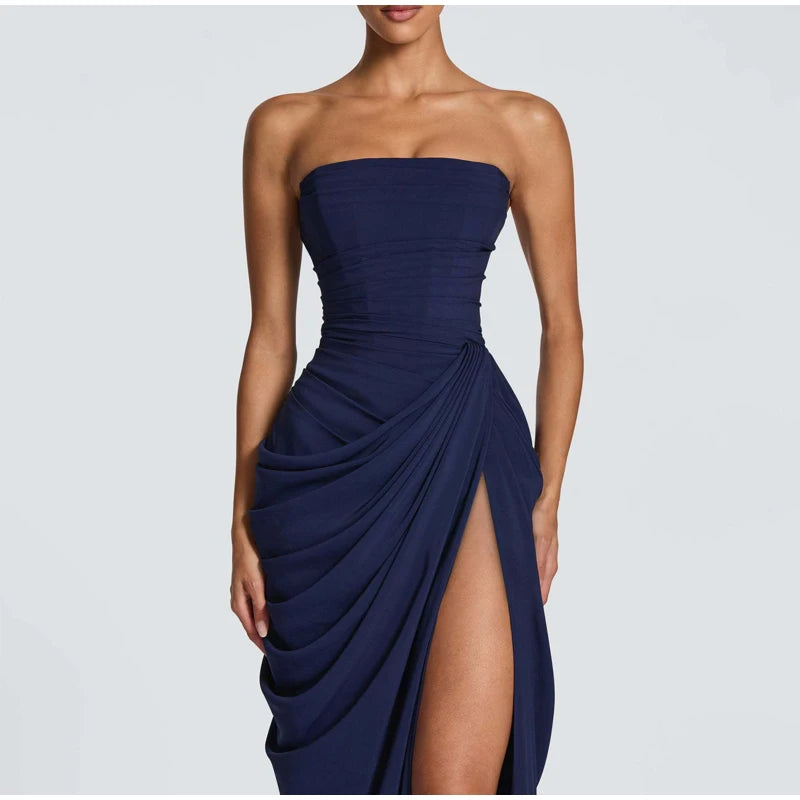 Lady Sexy Strapless Split Solid Pleated Dress Women Chic Backless High Waist Off-shoulder Dresses 2026 New Evening Party Gowns