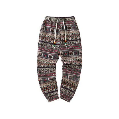 Mens Boho Tribal Print Stretch Linen Pnats Cotton Blend Drawstring LightWeight Trousers with Pockets Summer Jogger Pants