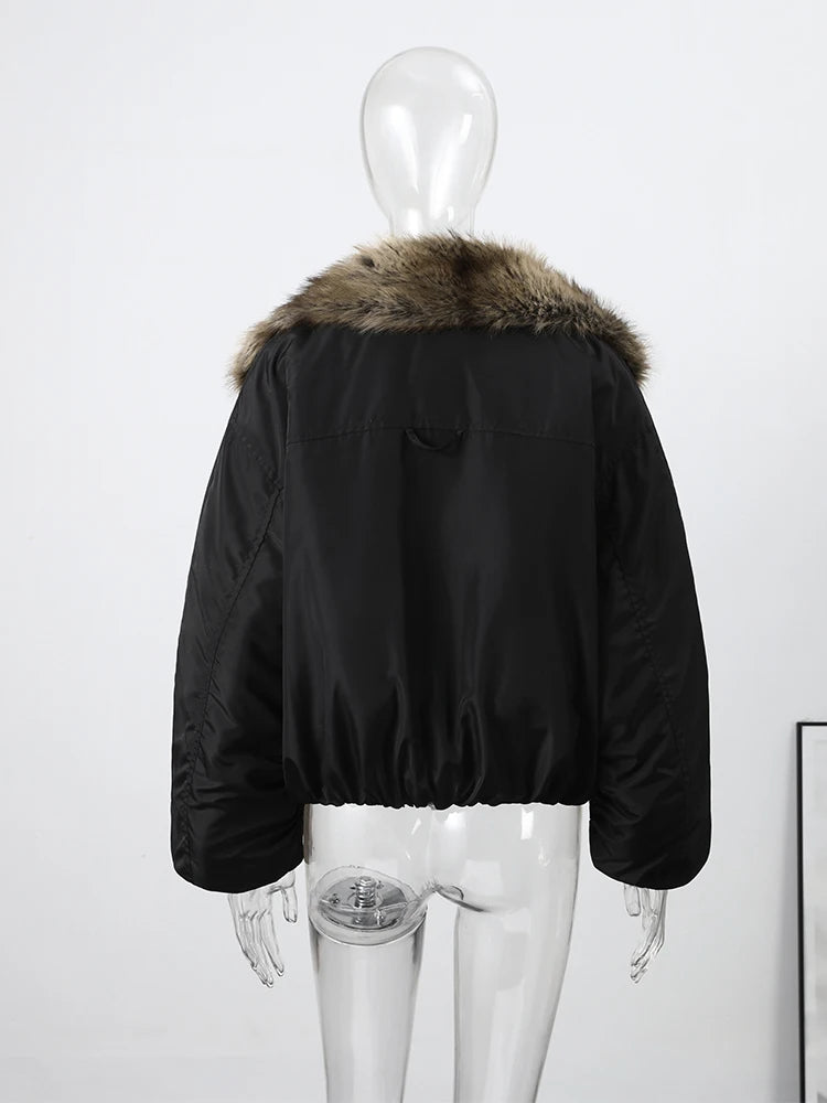 Fashion Faux Fur Patchwork Jacket Women Stand Collar Full Sleeve Warm Lace Up Loose Jackets 2026 Lady New Casual Outwear Street