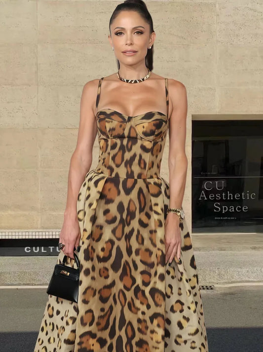 Leopard Print Sleeveless Sling Dress For Women Fashion Chic Backless A Line Dresses 2025 Elegant Female High Street Vestidos