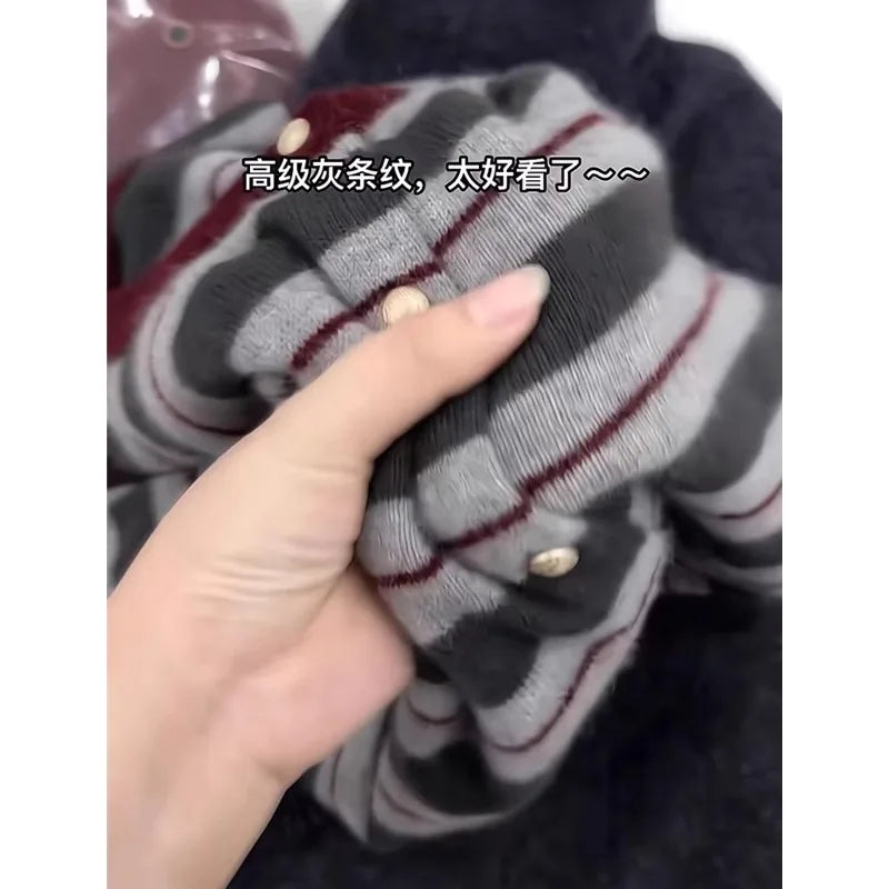 European goods striped cashmere cardigan women spring and autumn new round neck soft waxy senior sense wool knit sweater coat