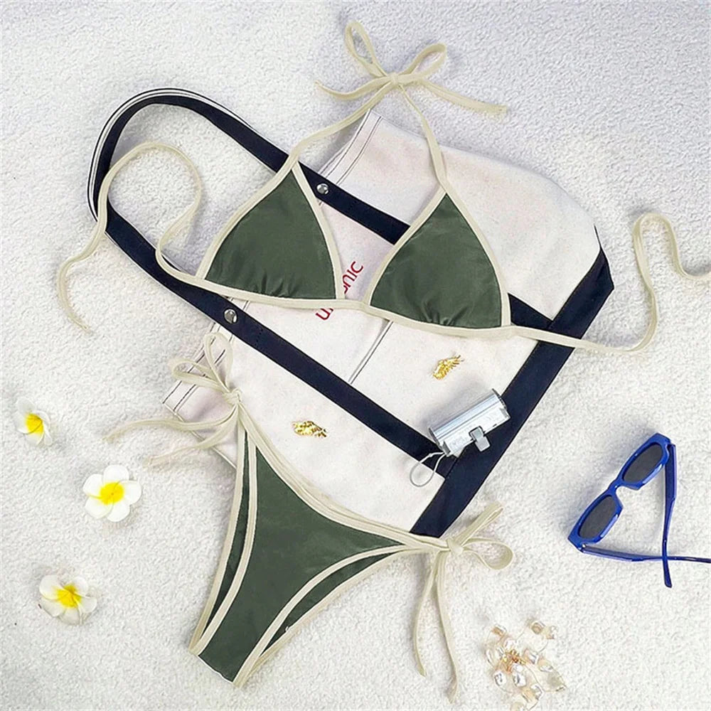 Vintage Blue Bikinis Set Triangle Border String Swimsuit Push Up Swimwear Backless Extrem Bikini Women Beach Outfit Bathing Suit