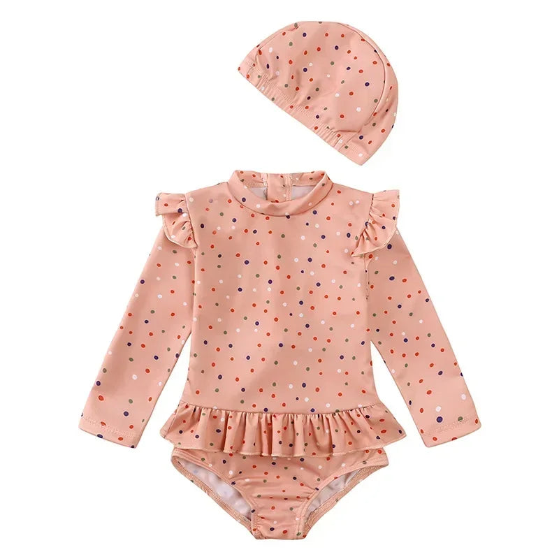 Girls Cute Backless Floral One-piece Swimsuit Baby Bikini Swimwear with hat Sun-proof Beach Vacation Toddlers Kids Chic Swimsuit