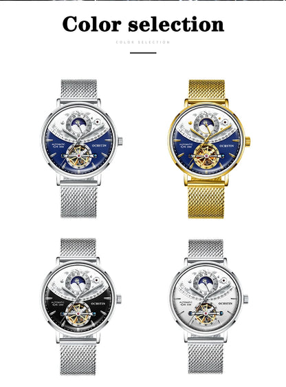 OCHSTIN Men's Stainless Steel Mesh Bracelet Watches Man High-Grade Cooktop Glass Skeleton Mechanical Flying Tourbillon Watch