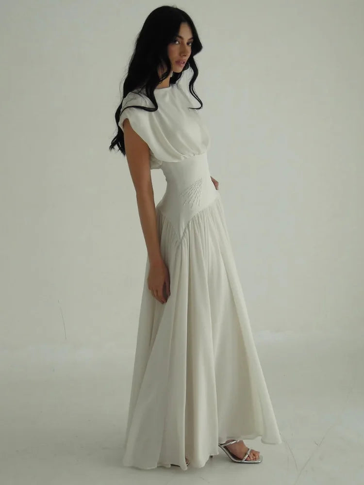 Elegant Sleeveless Girdling Long Dress Women O-neck High Waist Solid A-line Long Big Swing Dresses 2025 Summer Holiday Lady Robe