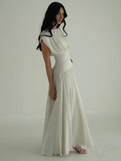 Elegant Sleeveless Girdling Long Dress Women O-neck High Waist Solid A-line Long Big Swing Dresses 2025 Summer Holiday Lady Robe