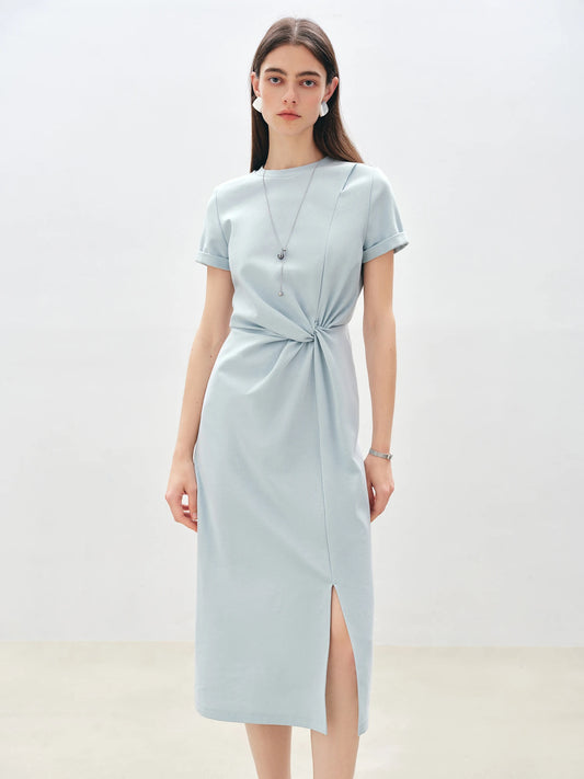 ZIQIAO Women Solid Long Dress 2025 Summer New Casual Round Neck T-Shirt Dresses Grey Short Sleeve X-LINE Dress 25ZQ92026